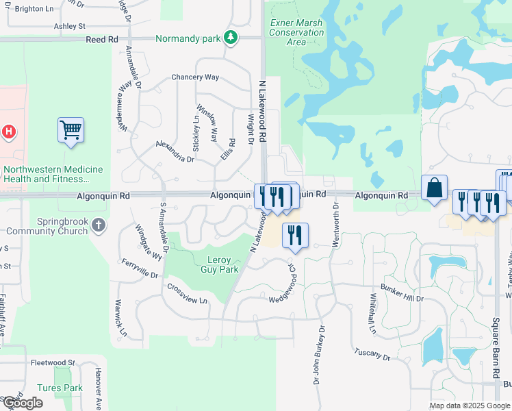 map of restaurants, bars, coffee shops, grocery stores, and more near 8 Lansbury Court in Lake in the Hills
