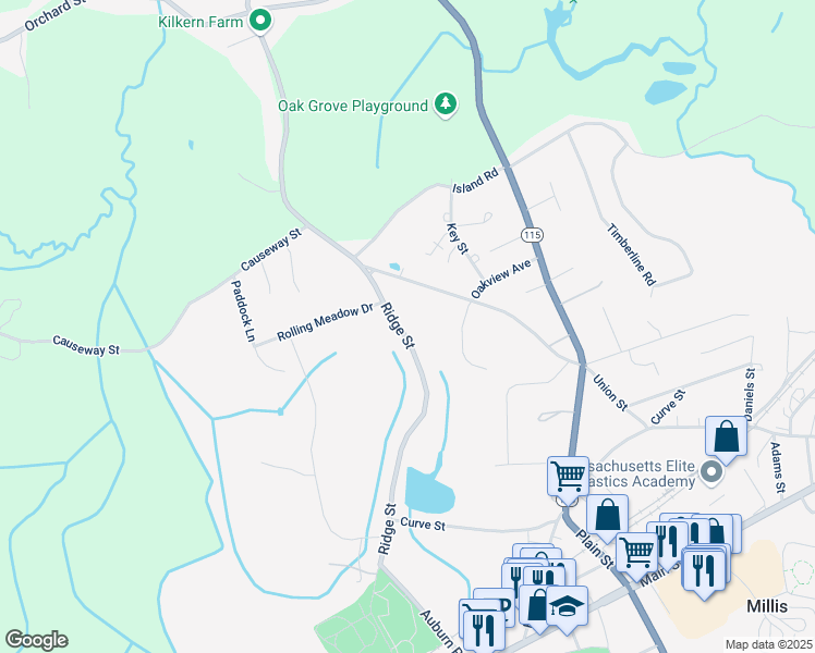 map of restaurants, bars, coffee shops, grocery stores, and more near 85 Ridge Street in Millis