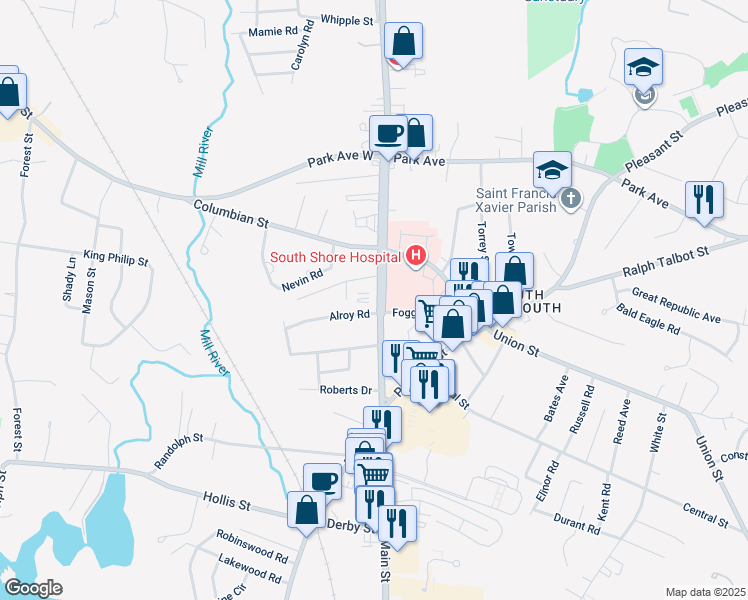 map of restaurants, bars, coffee shops, grocery stores, and more near 875 Main Street in Weymouth