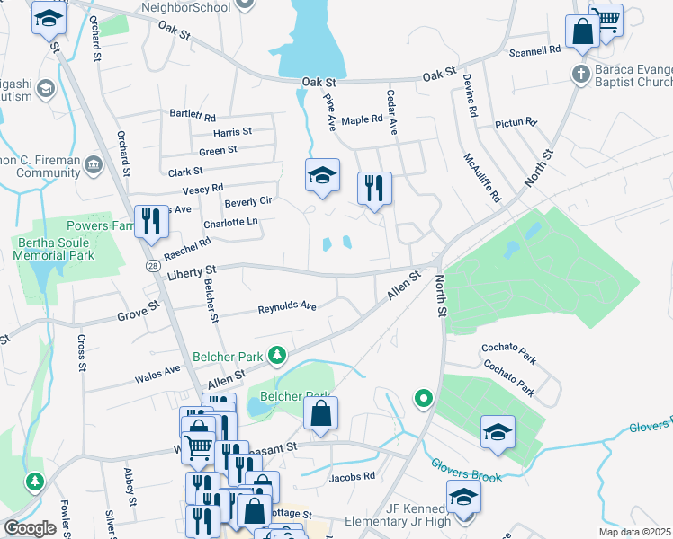 map of restaurants, bars, coffee shops, grocery stores, and more near 192 Liberty Street in Randolph