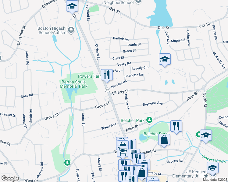 map of restaurants, bars, coffee shops, grocery stores, and more near 9 Raechel Road in Randolph