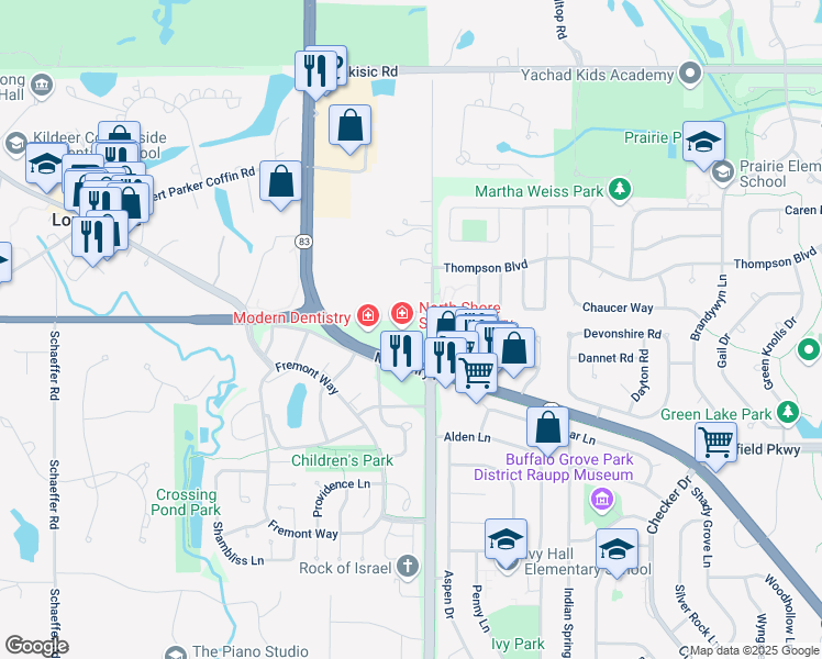 map of restaurants, bars, coffee shops, grocery stores, and more near 1401 McHenry Road in Buffalo Grove