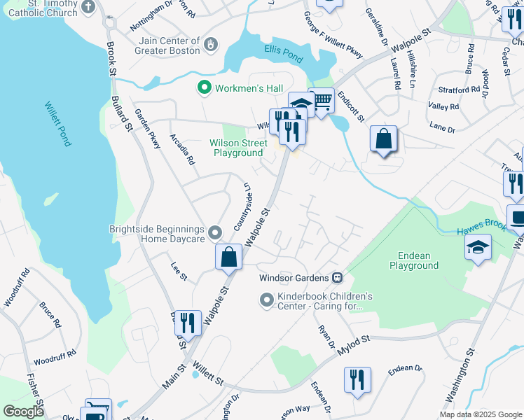map of restaurants, bars, coffee shops, grocery stores, and more near 551 Walpole Street in Norwood
