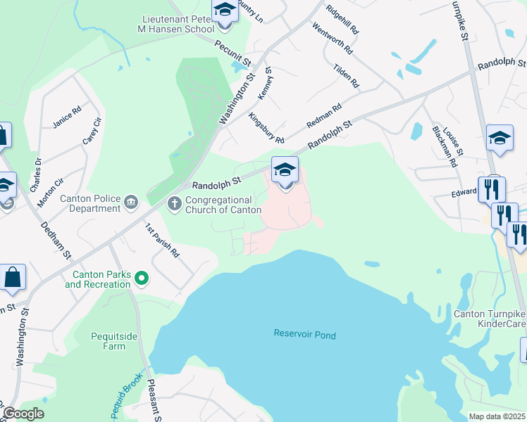 map of restaurants, bars, coffee shops, grocery stores, and more near 3 Randolph Street in Canton