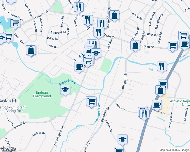 map of restaurants, bars, coffee shops, grocery stores, and more near 34 Saint John Avenue in Norwood