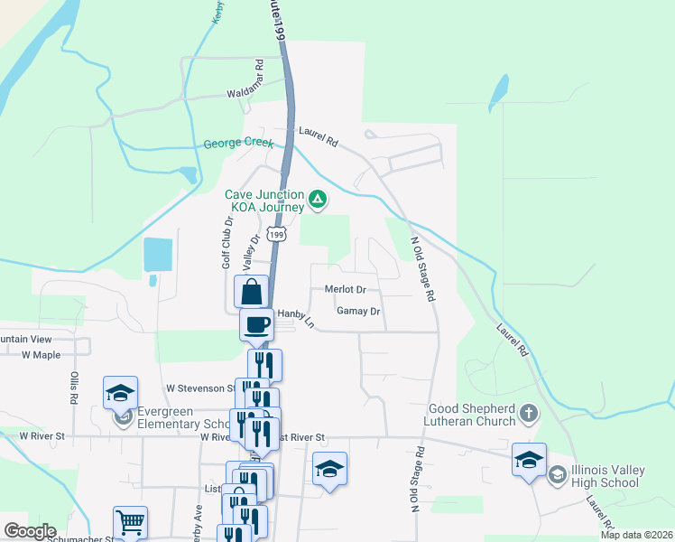 map of restaurants, bars, coffee shops, grocery stores, and more near 25637 Redwood Hwy in Cave Junction