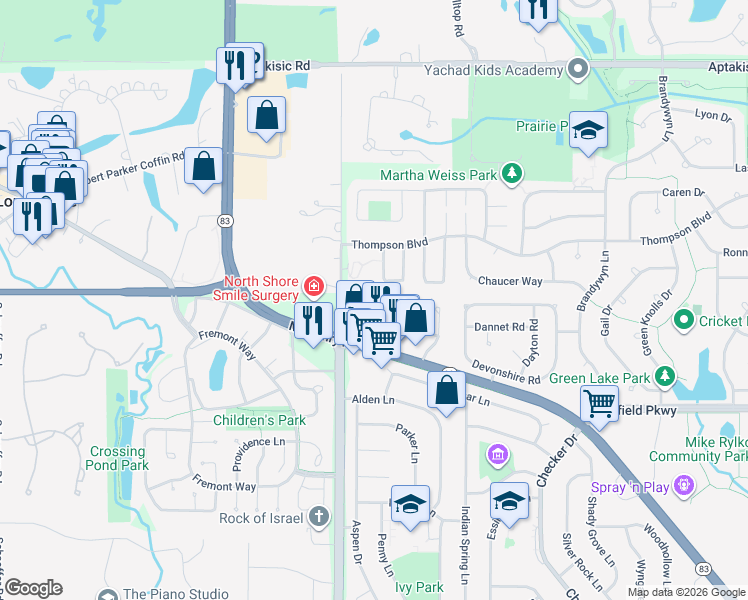 map of restaurants, bars, coffee shops, grocery stores, and more near 1132 Courtland Drive in Buffalo Grove
