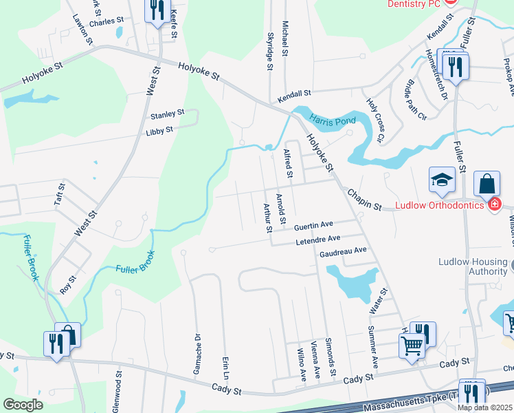 map of restaurants, bars, coffee shops, grocery stores, and more near 1 Alvin Street in Ludlow