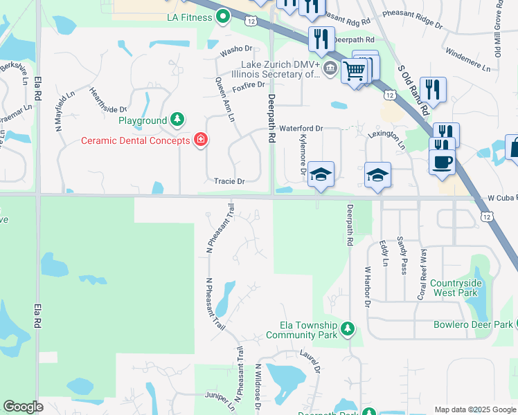 map of restaurants, bars, coffee shops, grocery stores, and more near 21466 Thrush Court in Deer Park