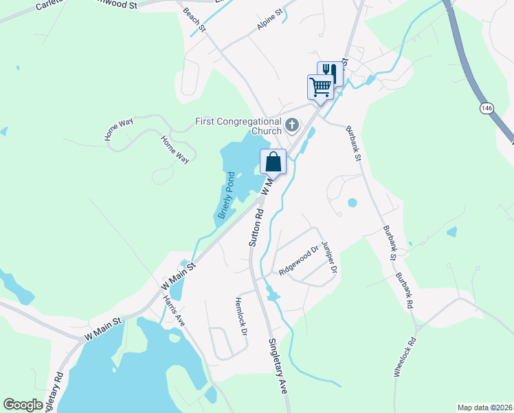 map of restaurants, bars, coffee shops, grocery stores, and more near 4 Sutton Road in Millbury
