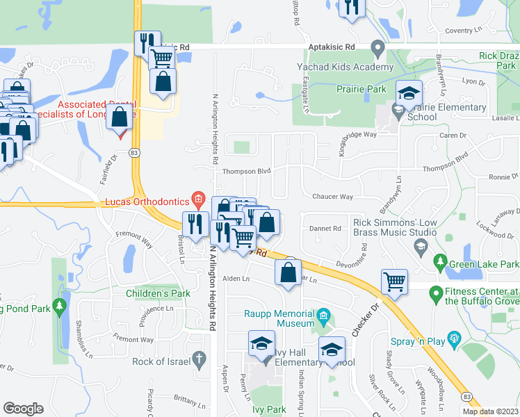 map of restaurants, bars, coffee shops, grocery stores, and more near 1056 Courtland Drive in Buffalo Grove