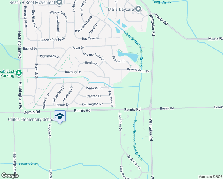 map of restaurants, bars, coffee shops, grocery stores, and more near 7851 Amrhein Drive in Ypsilanti
