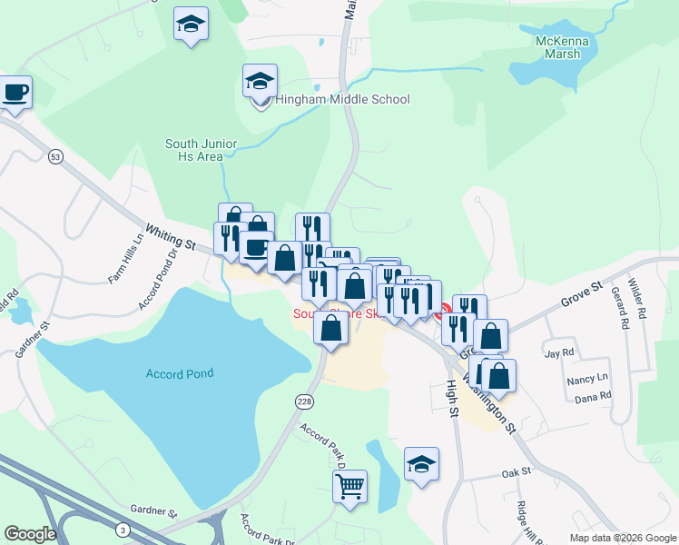 map of restaurants, bars, coffee shops, grocery stores, and more near 1240 Main Street in Hingham