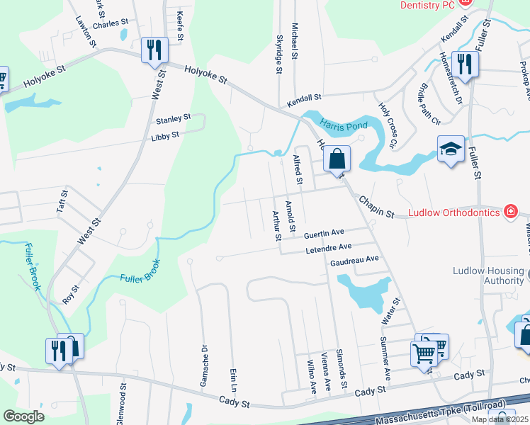 map of restaurants, bars, coffee shops, grocery stores, and more near 1 Alvin Street in Ludlow