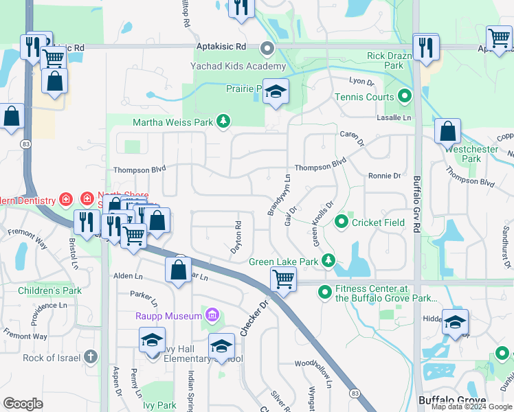 map of restaurants, bars, coffee shops, grocery stores, and more near 752 Chaucer Way in Buffalo Grove