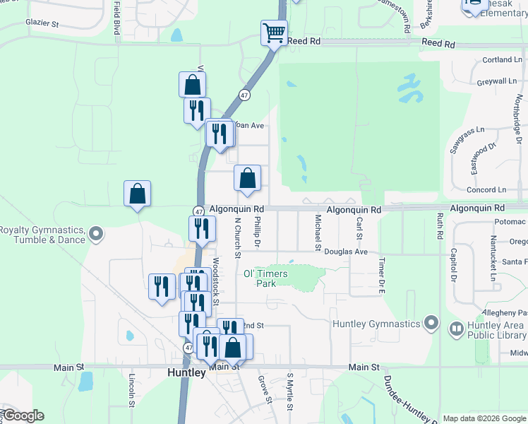 map of restaurants, bars, coffee shops, grocery stores, and more near 10604 Phillip Drive in Huntley