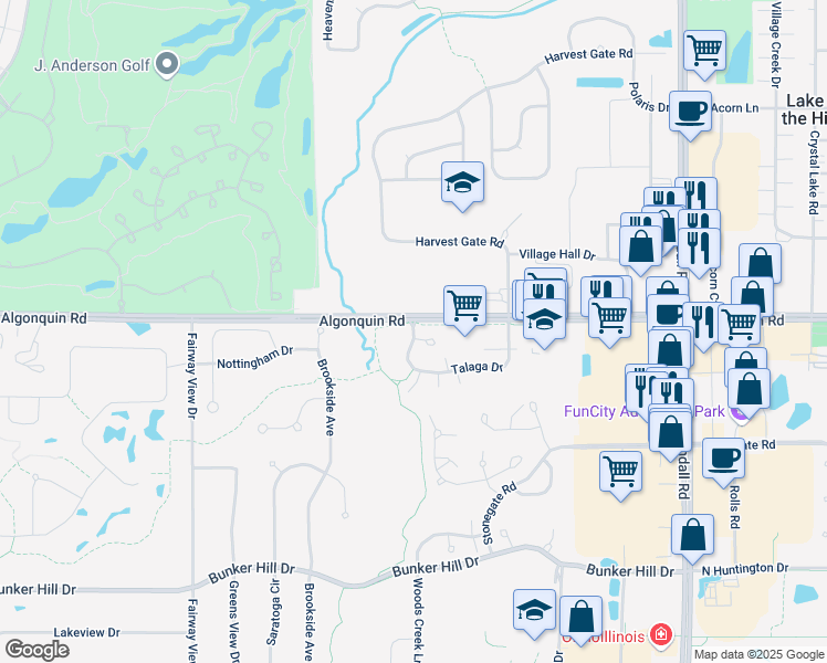 map of restaurants, bars, coffee shops, grocery stores, and more near 3024 Talaga Drive in Algonquin