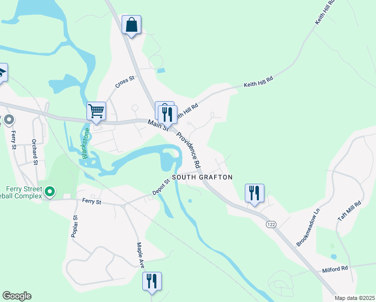 map of restaurants, bars, coffee shops, grocery stores, and more near 299 Providence Road in Grafton
