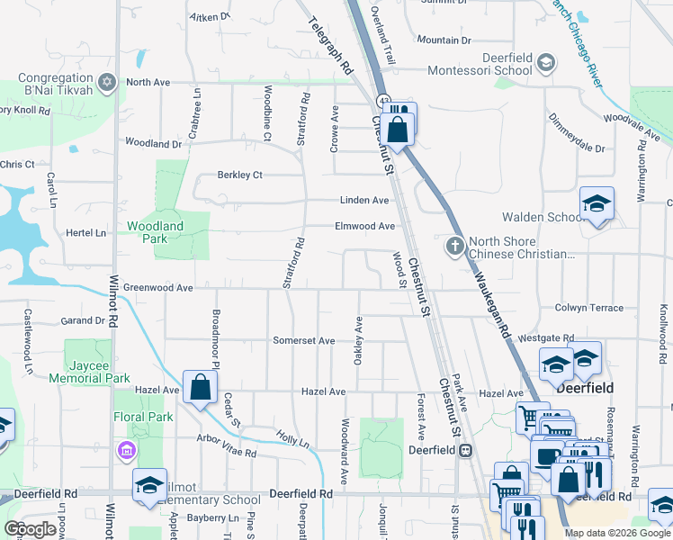 map of restaurants, bars, coffee shops, grocery stores, and more near 1228 Woodruff Avenue in Deerfield