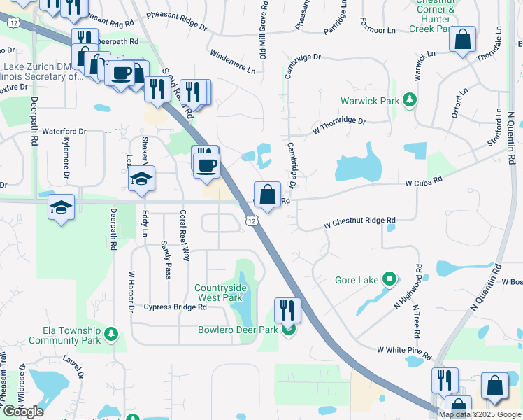 map of restaurants, bars, coffee shops, grocery stores, and more near 21493 U.S. 12 in Kildeer