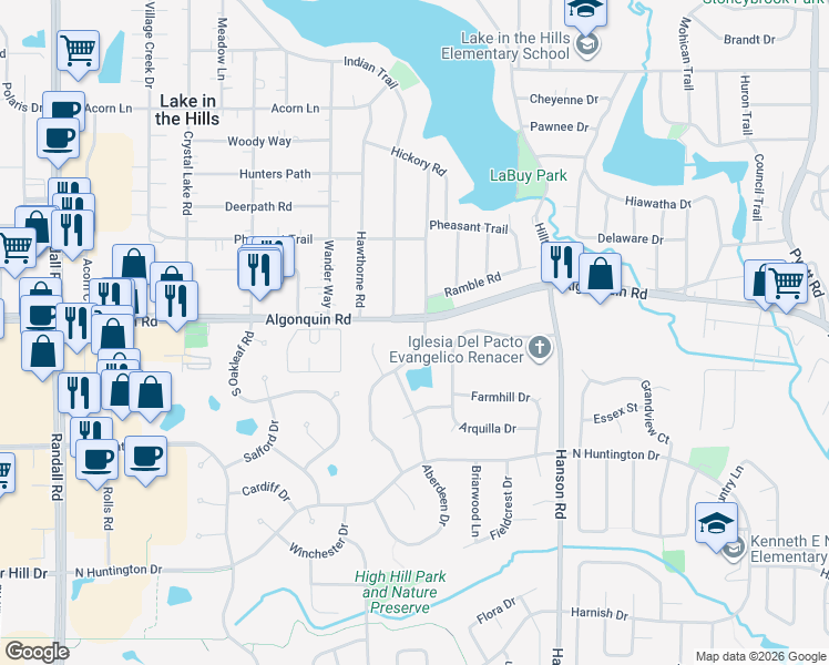 map of restaurants, bars, coffee shops, grocery stores, and more near 1 Lake Drive South in Algonquin