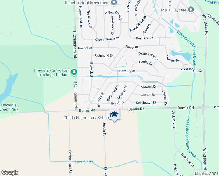 map of restaurants, bars, coffee shops, grocery stores, and more near 7230 Warwick Drive in Ypsilanti