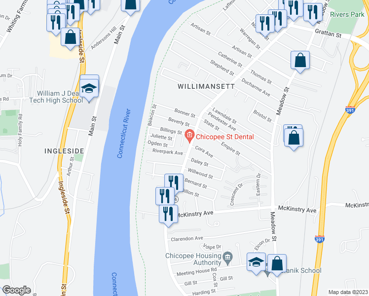 map of restaurants, bars, coffee shops, grocery stores, and more near 428 Chicopee Street in Chicopee