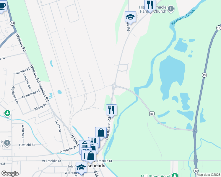 map of restaurants, bars, coffee shops, grocery stores, and more near 101 Old Ithaca Rd in Horseheads