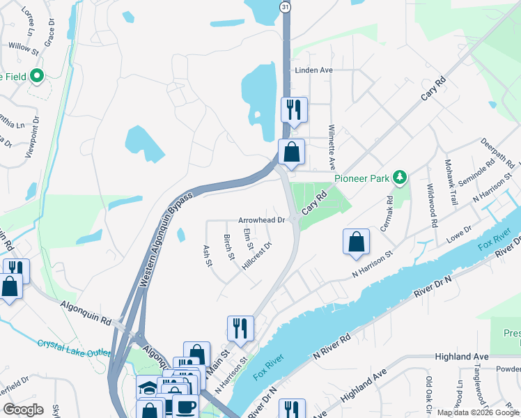 map of restaurants, bars, coffee shops, grocery stores, and more near 50 Hillcrest Drive in Algonquin