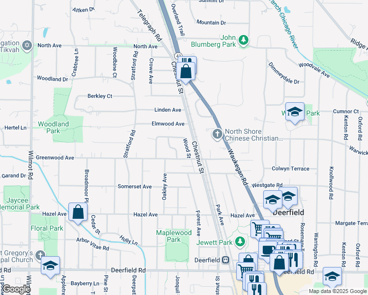map of restaurants, bars, coffee shops, grocery stores, and more near 1224 Wood Street in Deerfield
