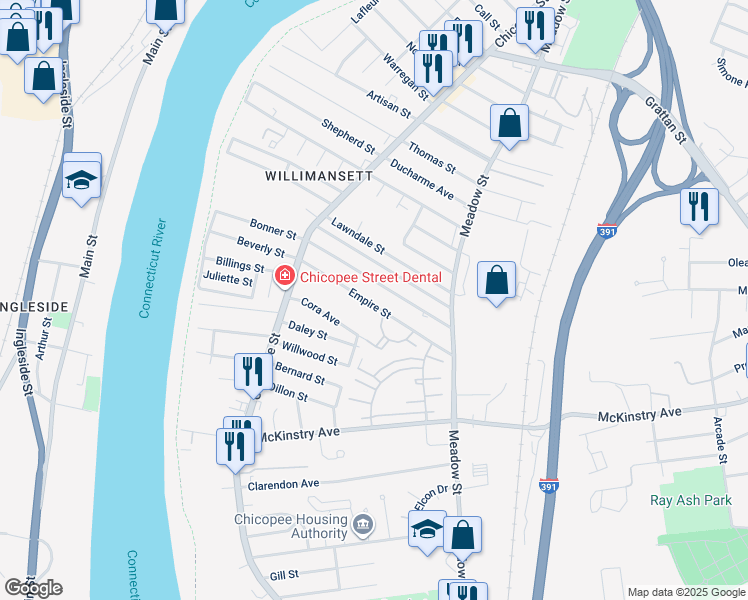 map of restaurants, bars, coffee shops, grocery stores, and more near 100 Empire Street in Chicopee