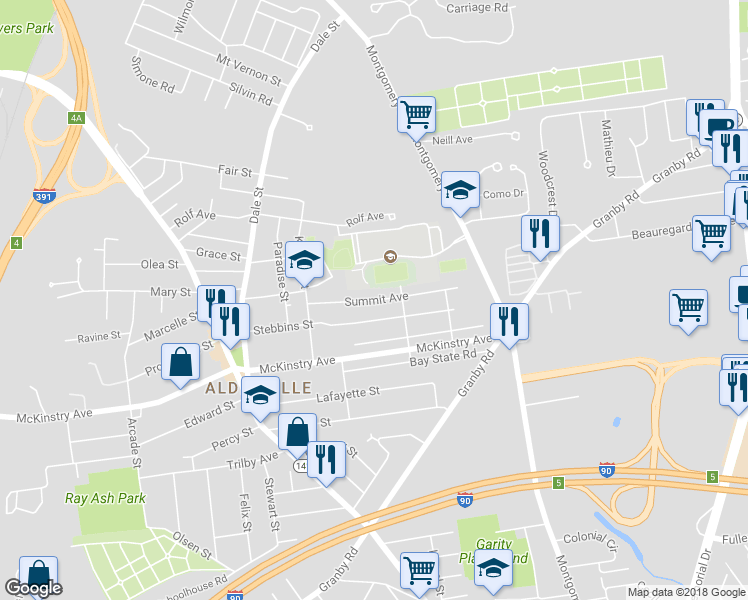 map of restaurants, bars, coffee shops, grocery stores, and more near 198 Summit Avenue in Chicopee