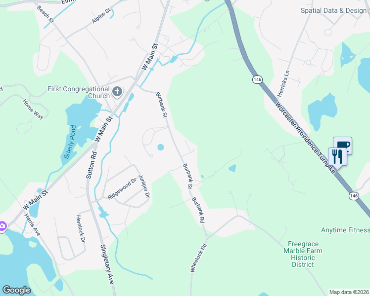 map of restaurants, bars, coffee shops, grocery stores, and more near 47 Burbank Street in Millbury