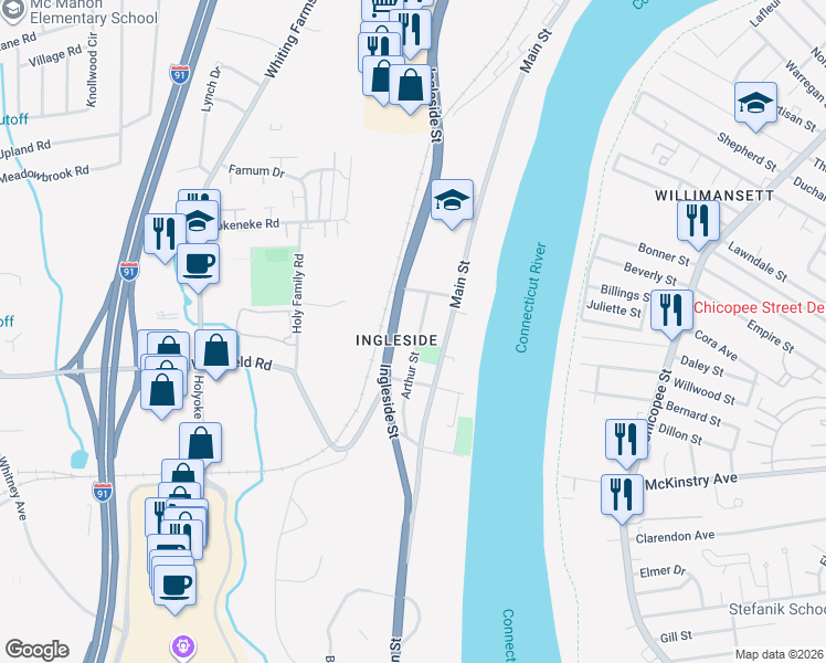map of restaurants, bars, coffee shops, grocery stores, and more near 20 Arthur Street in Holyoke