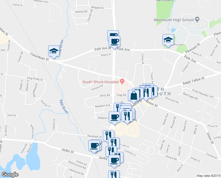 map of restaurants, bars, coffee shops, grocery stores, and more near 875 Main Street in Weymouth