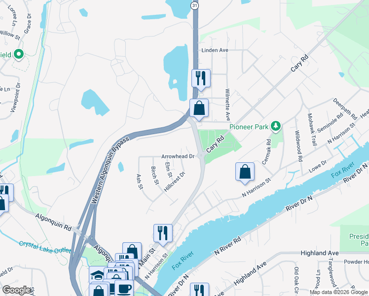 map of restaurants, bars, coffee shops, grocery stores, and more near 1134 North Main Street in Algonquin