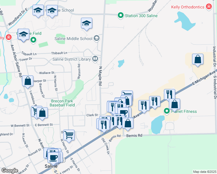 map of restaurants, bars, coffee shops, grocery stores, and more near 410 North Maple Road in Saline