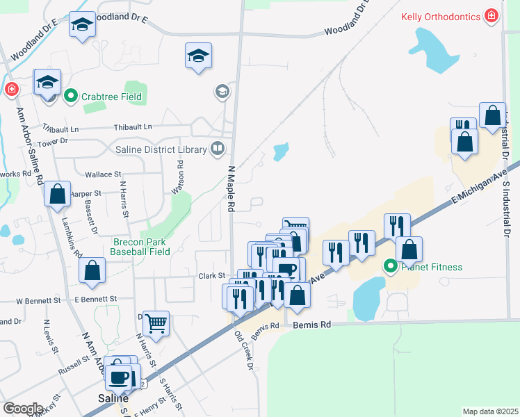 map of restaurants, bars, coffee shops, grocery stores, and more near 607 Echo Court in Saline