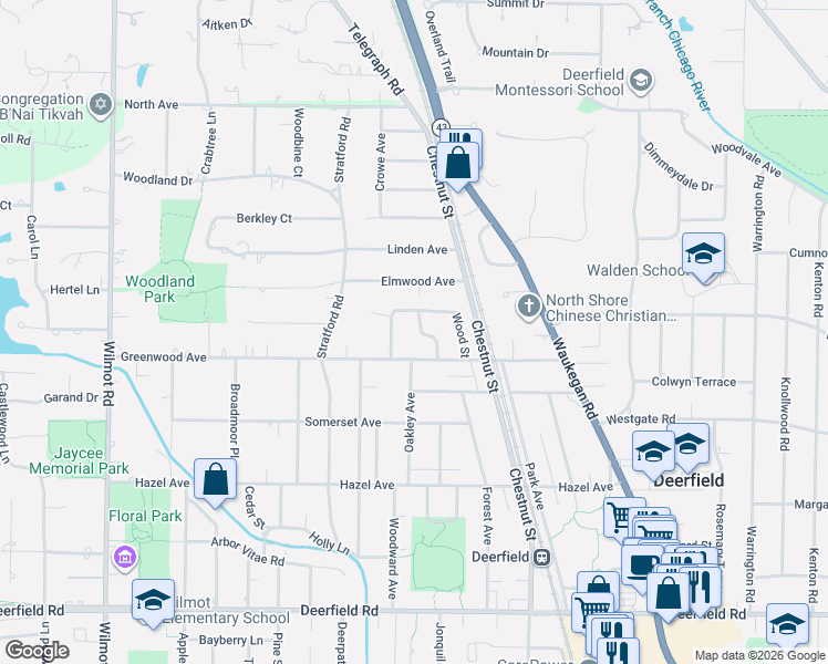map of restaurants, bars, coffee shops, grocery stores, and more near 1230 Parkside Lane in Deerfield