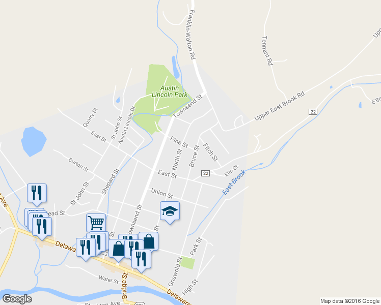 map of restaurants, bars, coffee shops, grocery stores, and more near 16 Pine St in Walton