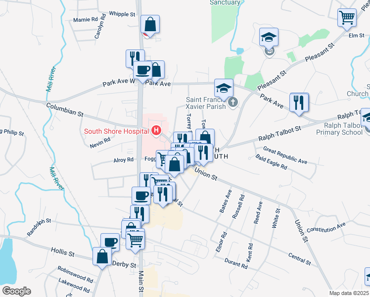 map of restaurants, bars, coffee shops, grocery stores, and more near 25 Columbian Street in Weymouth
