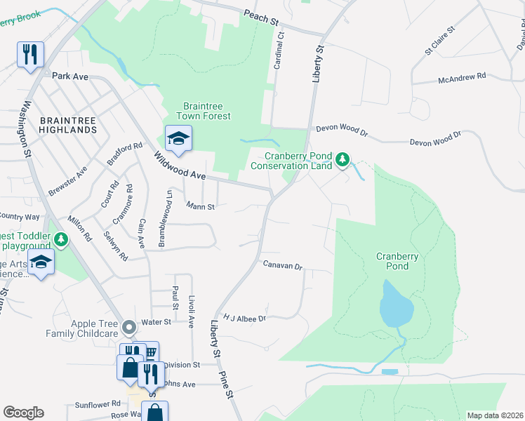 map of restaurants, bars, coffee shops, grocery stores, and more near 1534 Liberty Street in Braintree