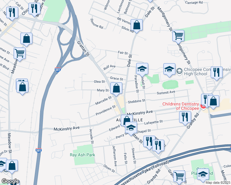 map of restaurants, bars, coffee shops, grocery stores, and more near 762 Grattan Street in Chicopee