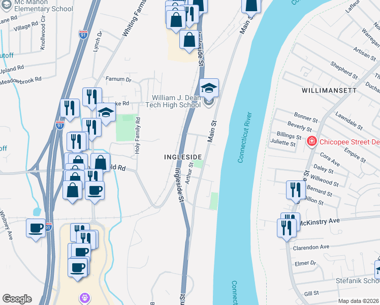 map of restaurants, bars, coffee shops, grocery stores, and more near 20 Arthur Street in Holyoke