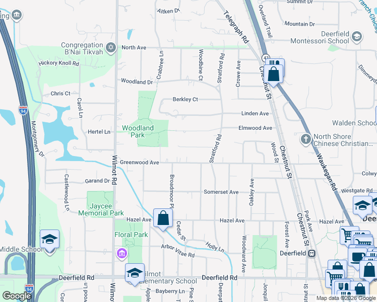 map of restaurants, bars, coffee shops, grocery stores, and more near 1331 Meadow Lane in Deerfield