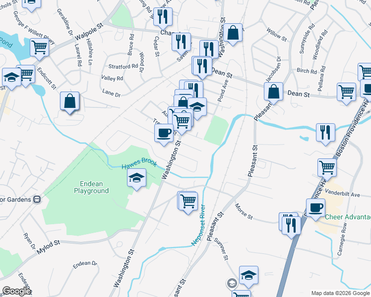 map of restaurants, bars, coffee shops, grocery stores, and more near 13-15 Saint John Avenue in Norwood