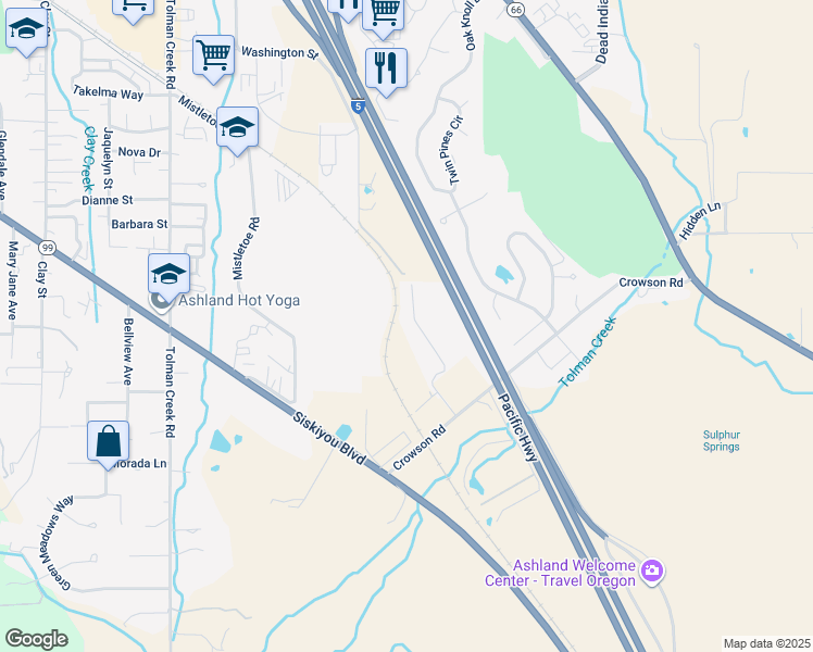map of restaurants, bars, coffee shops, grocery stores, and more near 1040 Benson Way in Ashland