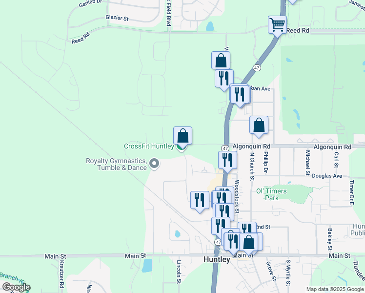map of restaurants, bars, coffee shops, grocery stores, and more near 10611 Wolf Drive in Huntley