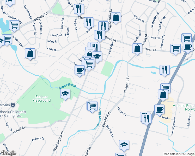 map of restaurants, bars, coffee shops, grocery stores, and more near 34 Saint John Avenue in Norwood
