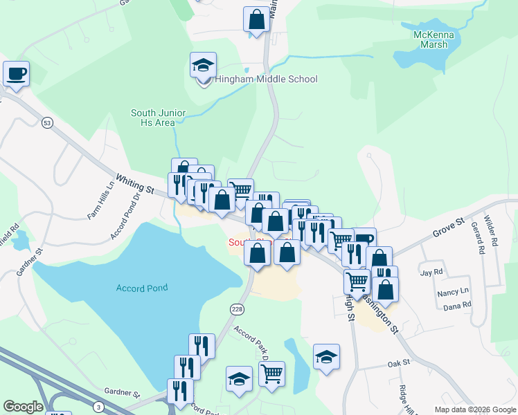 map of restaurants, bars, coffee shops, grocery stores, and more near 1240 Main Street in Hingham